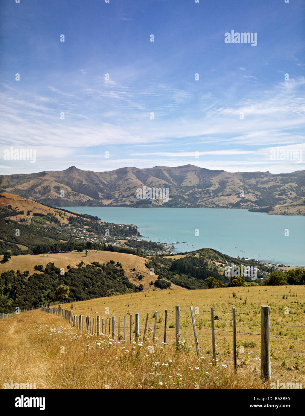 Blick über Akaroa Harbour, Südinsel, Neuseeland Stockfoto