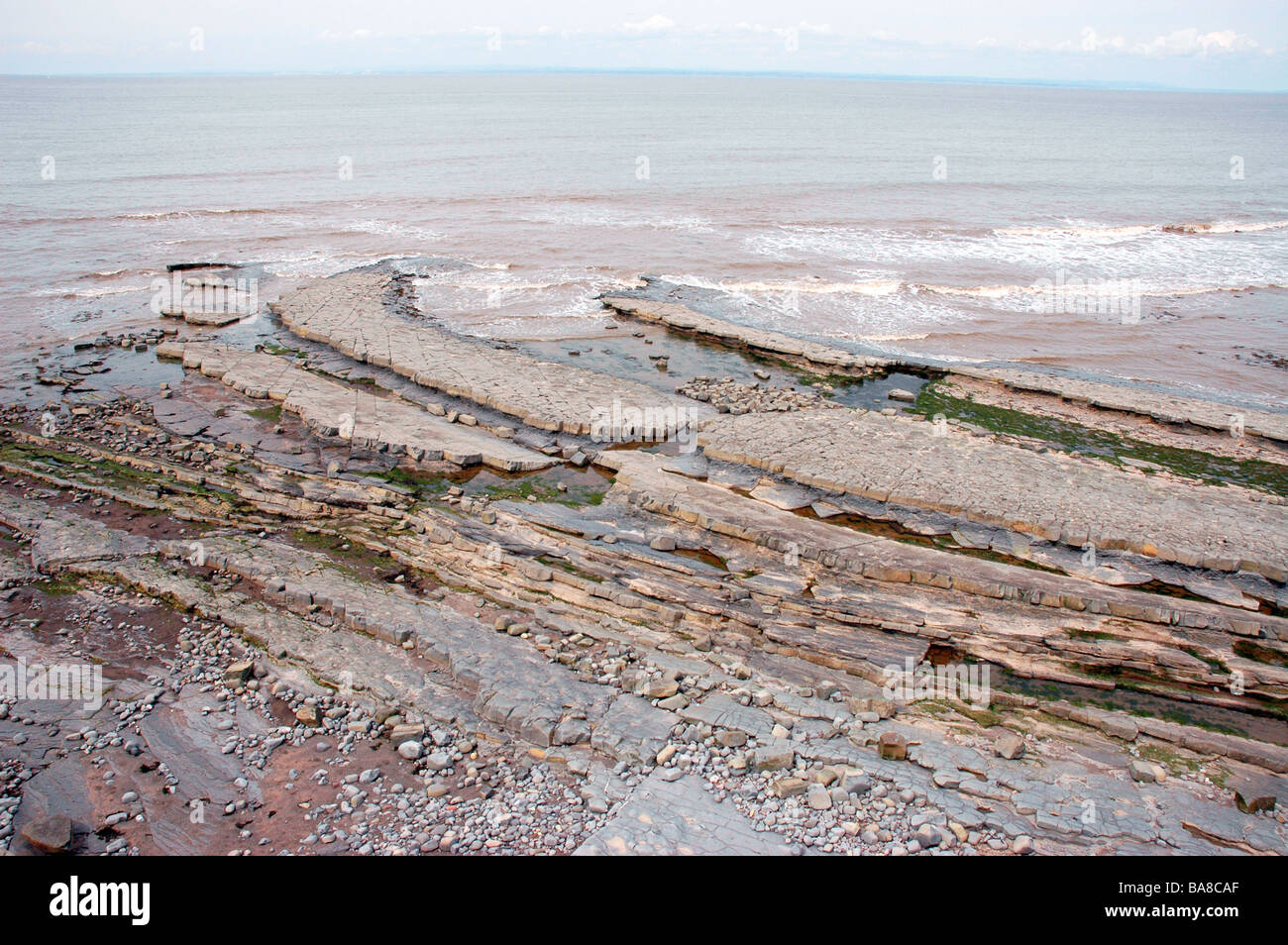 Eine geologische Site of Special Scientific Interest am Kilve Beach in North Somerset mit Welle schneiden Kalkstein-Plattformen Stockfoto