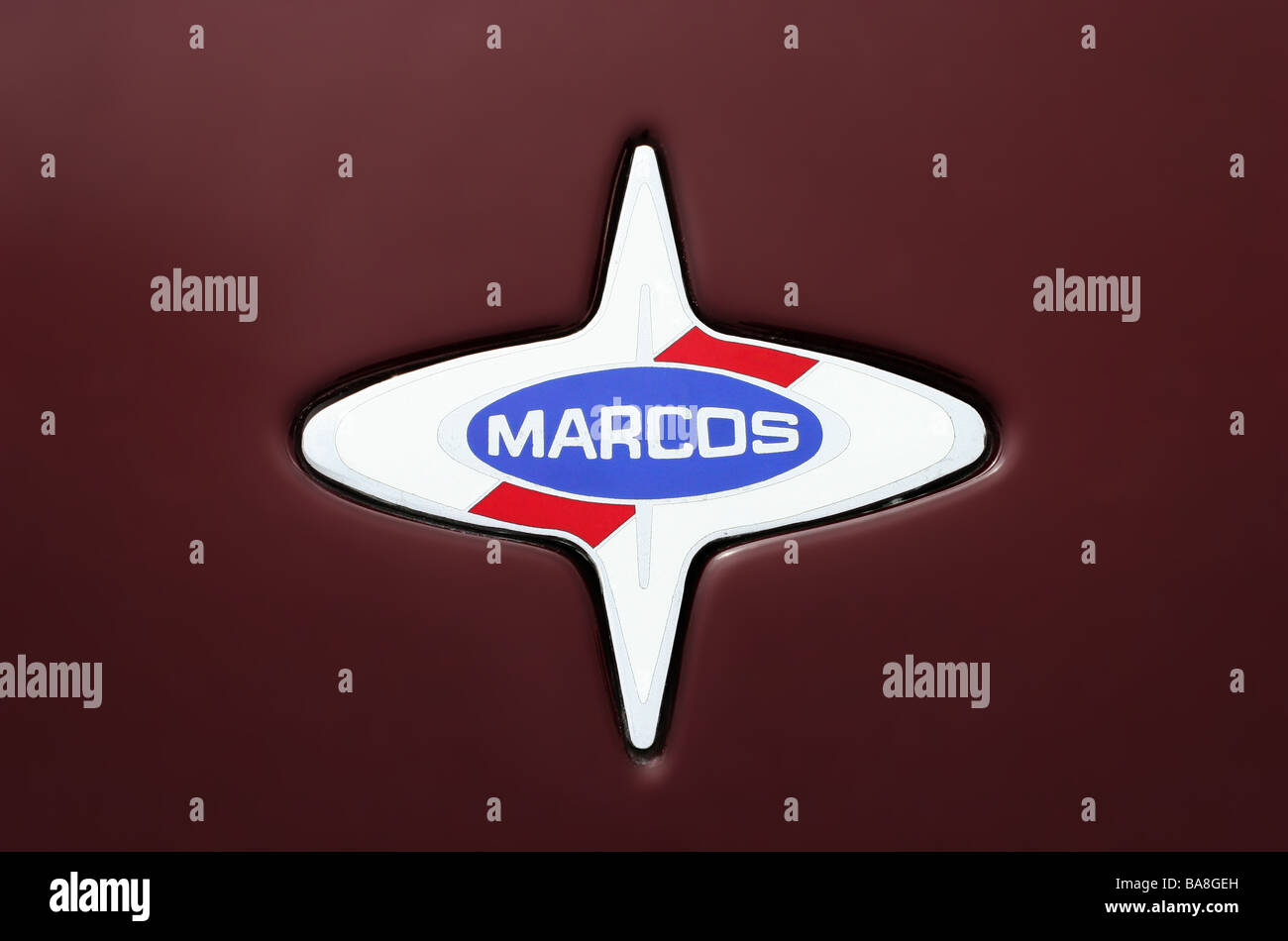 Abzeichen / Logo des untergegangenen großen britischen Sportwagen-Hersteller Marcos Stockfoto