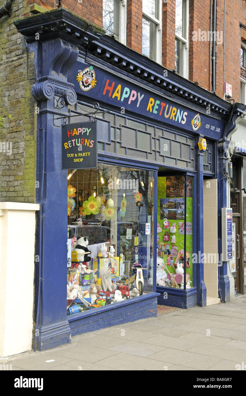 Glücklich kehrt Spielzeug und Party shop Hampstead London England UK Stockfoto