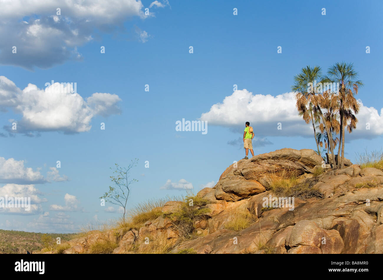 Ein Wanderer steht oben auf den Klippen im Nitmiluk (Katherine Gorge) National Park.  Katherine, Northern Territory, Australien Stockfoto