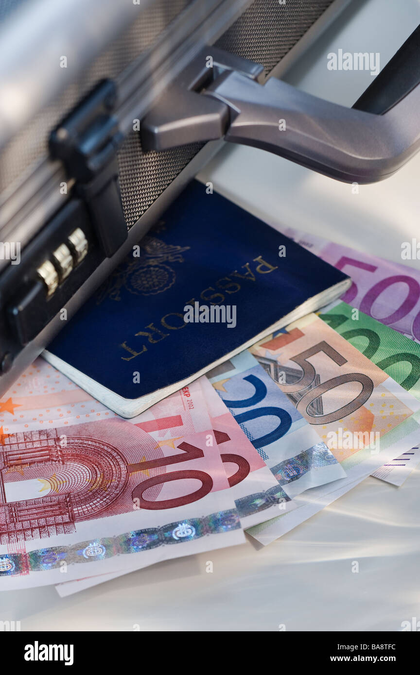 Verschiedene Euro-Banknoten und Reisepass Stockfoto
