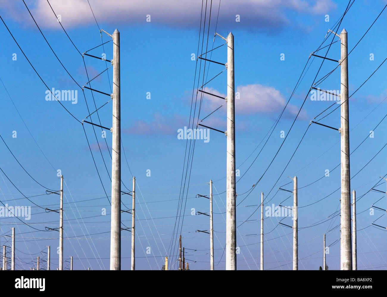Kommunikation Turm und Stromleitungen Stockfoto