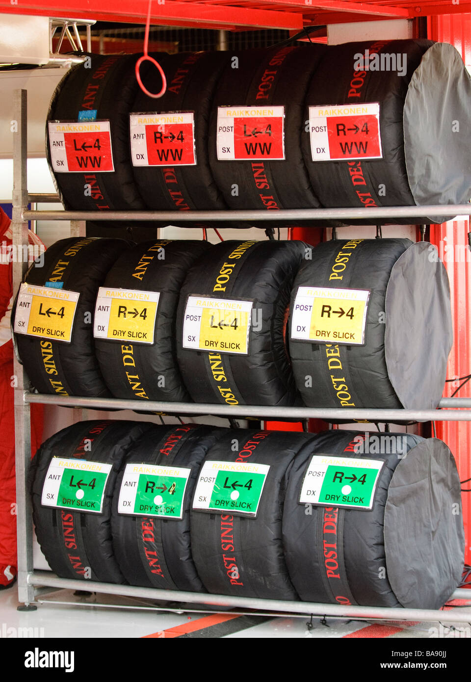 Racing Slicks eingehülltes Erwärmung Abdeckungen während Formel1 Tests Sitzungen Stockfoto