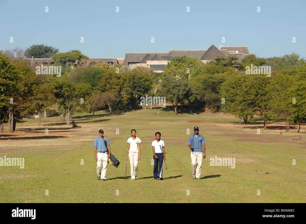 Touristen schätzen den Golfplatz bei Simbabwes Elephant Hills Resort. Stockfoto
