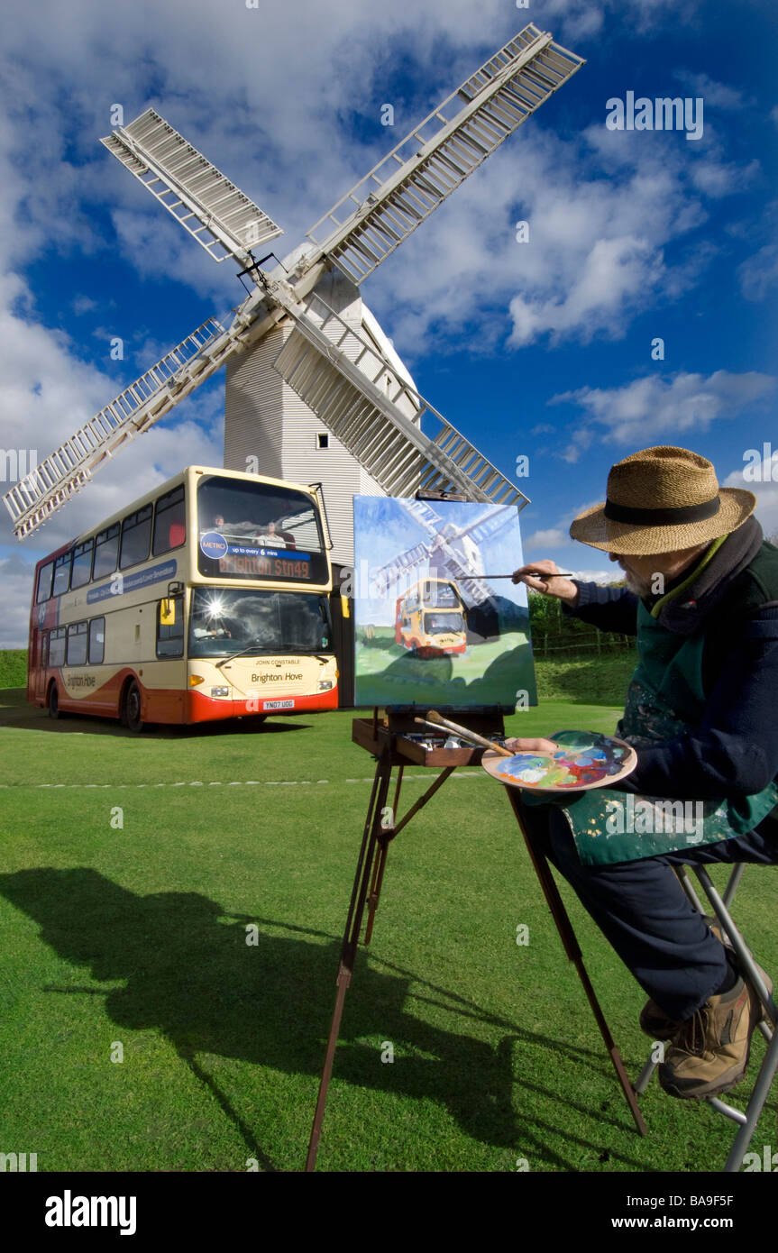 Jill Mill Clayton Sussex von Colin Ruffell gemalt mit einem Doppeldecker-Bus genannt John Constable. Stockfoto