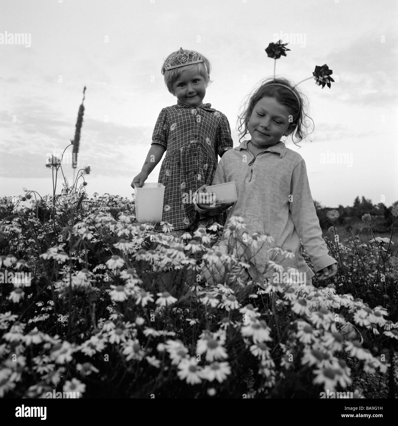 Zwei Mädchen stehen auf einer Wiese voller Blumen, Öland, Schweden. Stockfoto