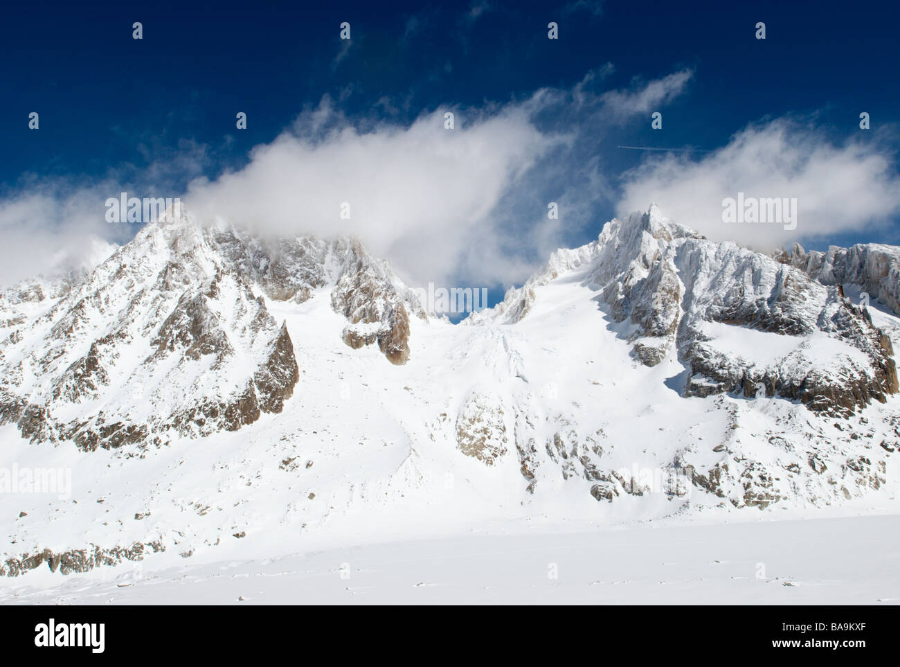 Argentiere Gletscher, Aig. Chardonnet, Col du Chardonnet und Aig. Argentiere am ersten Tag des klassischen Chamonix-Zermatt-Haute Route Stockfoto