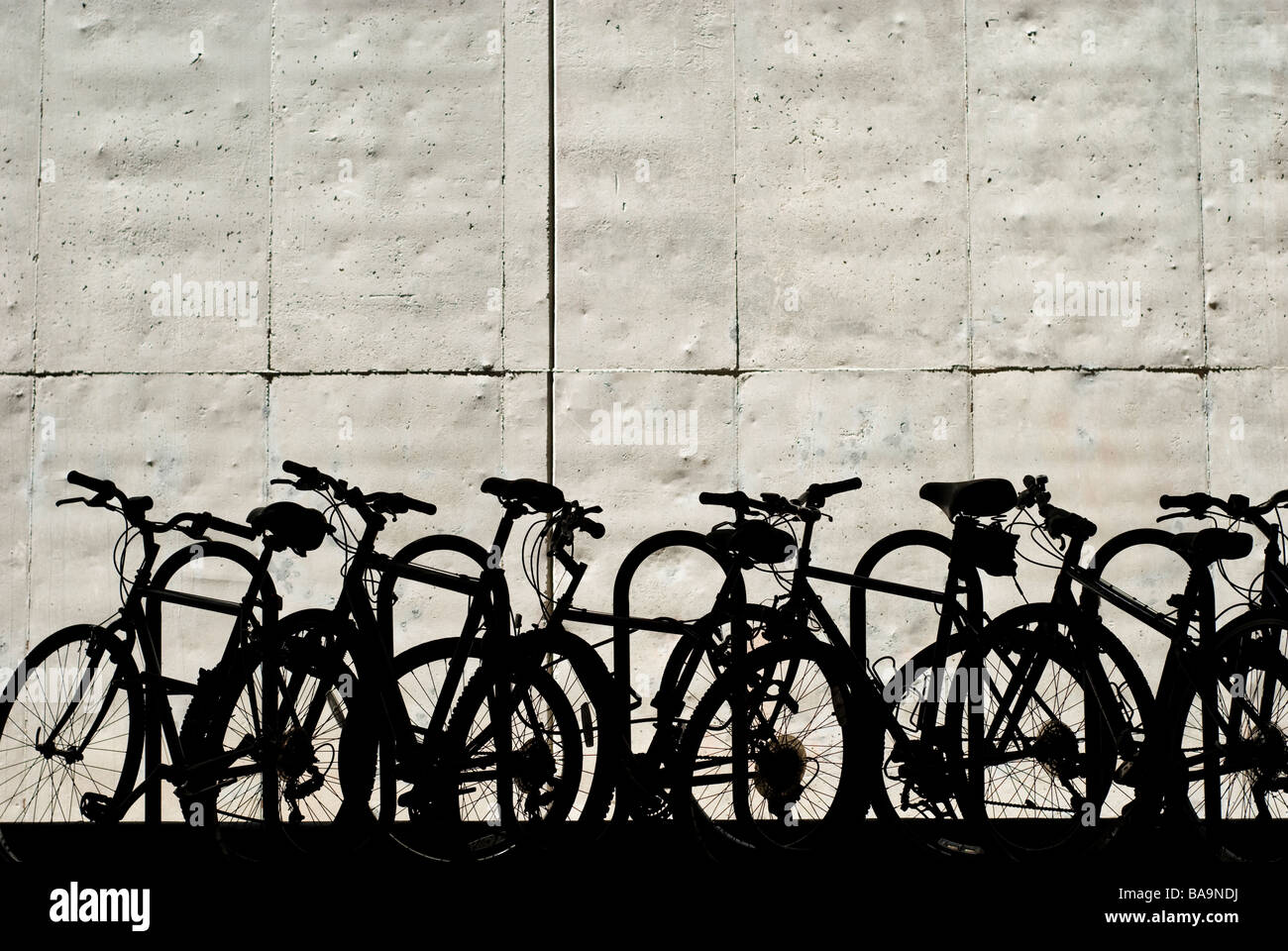 Silhouetten von Fahrrädern in einem Fahrradständer vor einer grauen Wand Stockfoto