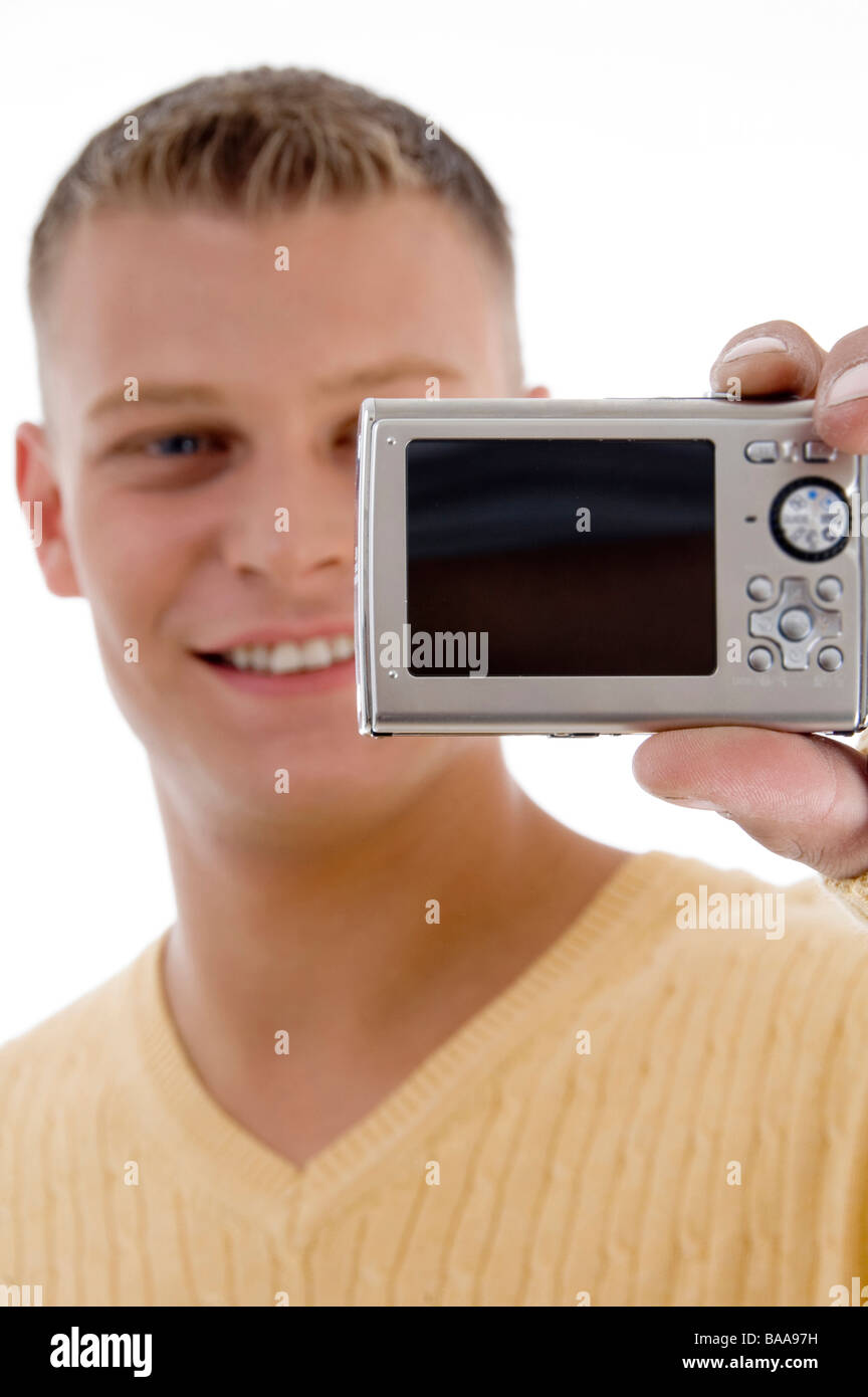 glücklicher Mann Betrieb Digitalkamera Stockfoto