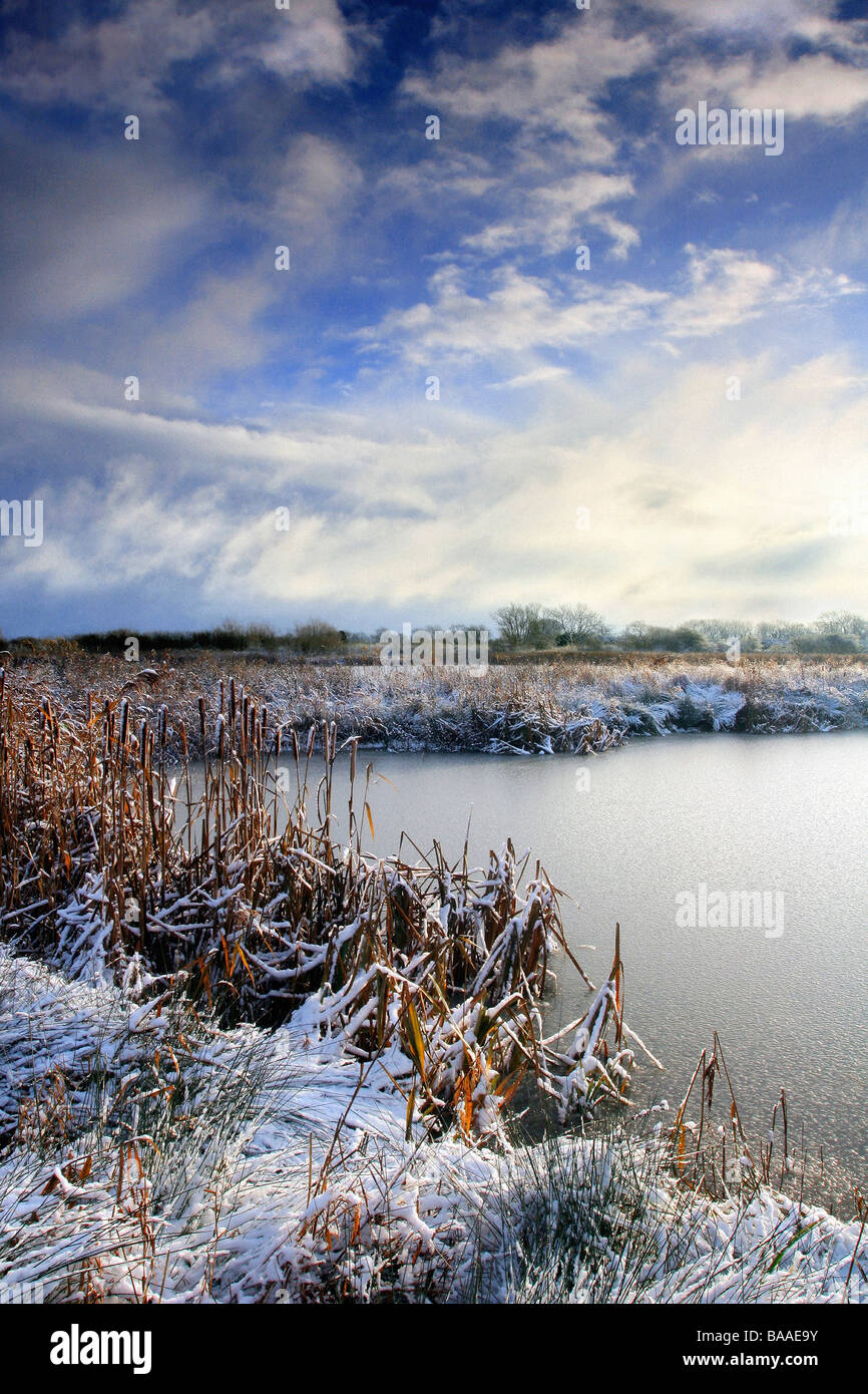 Frostiger Morgen an den Gewässern Rand Land parken Barton am Humber North Lincolnshire Vereinigtes Königreich Dezember Stockfoto