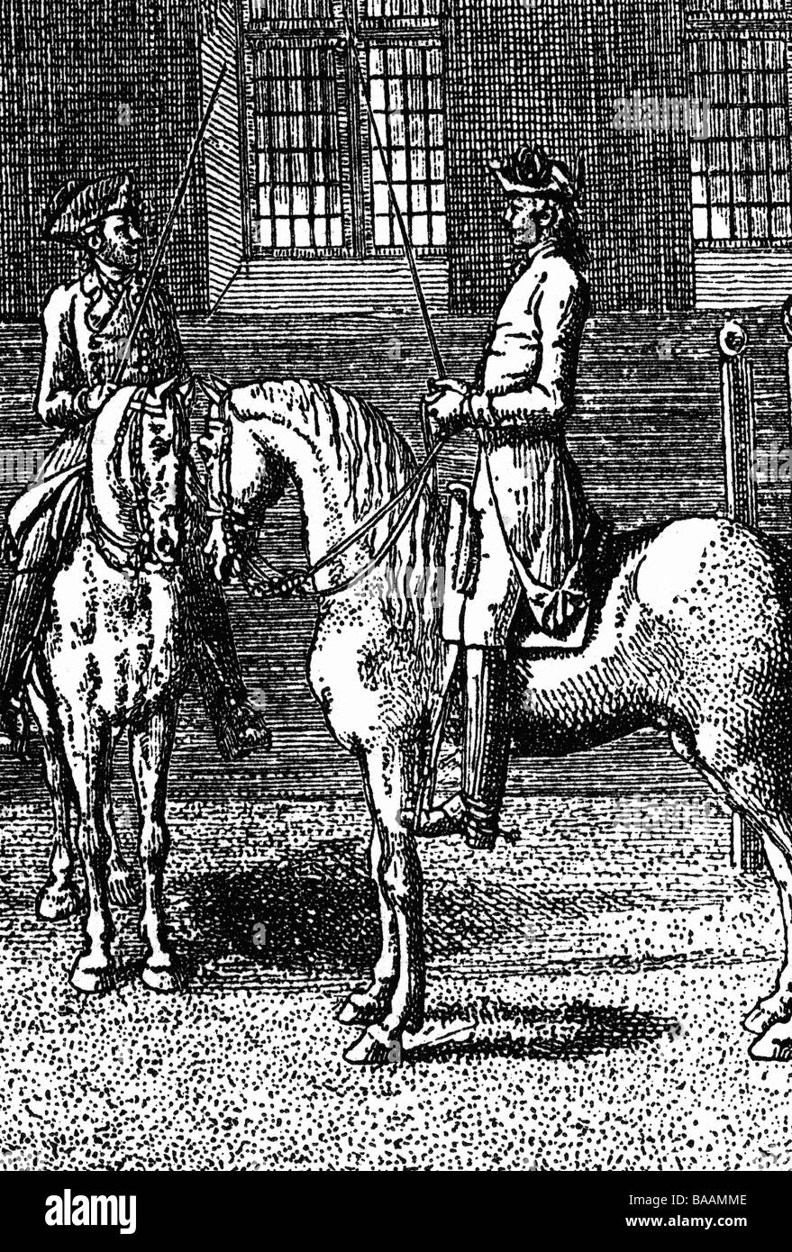 Chodowiecki, Daniel, 16.10.1726 - 7.2.1801, Polnisch - Deutscher Maler und Druckereidrucker, seine Arbeit, "Natürliche und affektierte Handlungen des Lebenswerks", Radierung, Reitbahn, Göttinger Taschenkalender, letztes Viertel des 18. Jahrhunderts, Stockfoto