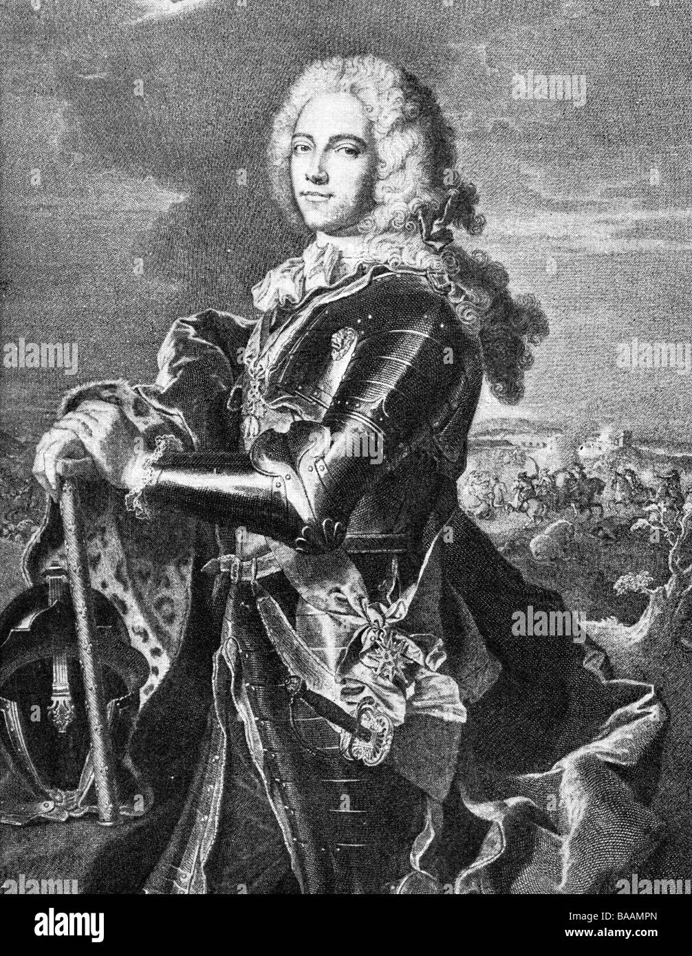 Fouquet, Louis Charles Auguste, 22.9.1684 - 26.1.1761, Herzog von Belle-Isle, französischer General, halbe Länge, Kupferstich von J.G. Wille, nach dem Gemälde von Hyacinthe Rigaud, 1742, Artist's Urheberrecht nicht gelöscht werden Stockfoto