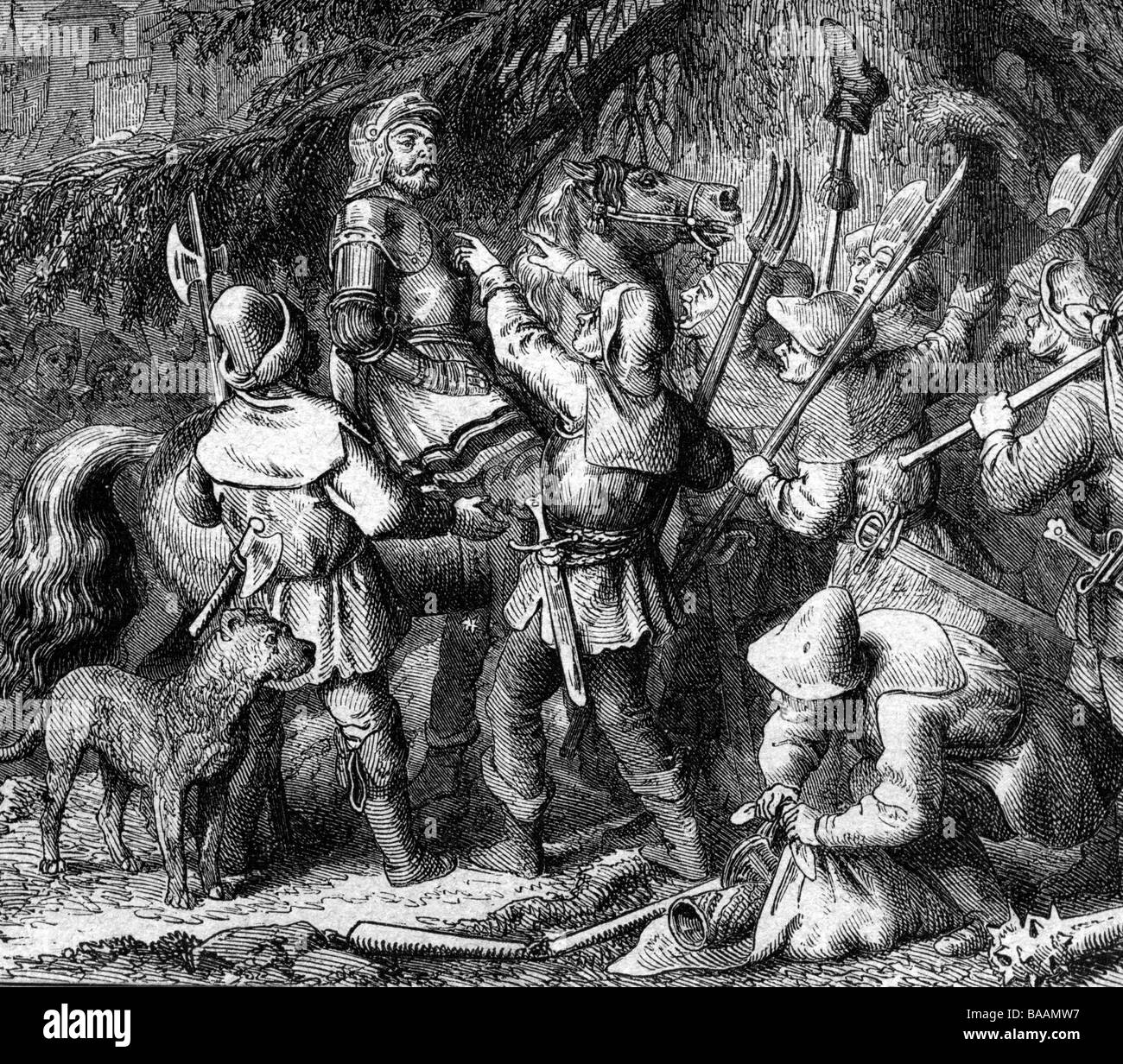 Berlichingen, Götz von, ca. 1480 - 23.7.1562, deutscher Ritter, gewählt zum Feldkapellmeister des fränkischen Bauern, 1525, Historiengemälde, Holzgravur, 19. Jahrhundert, Stockfoto