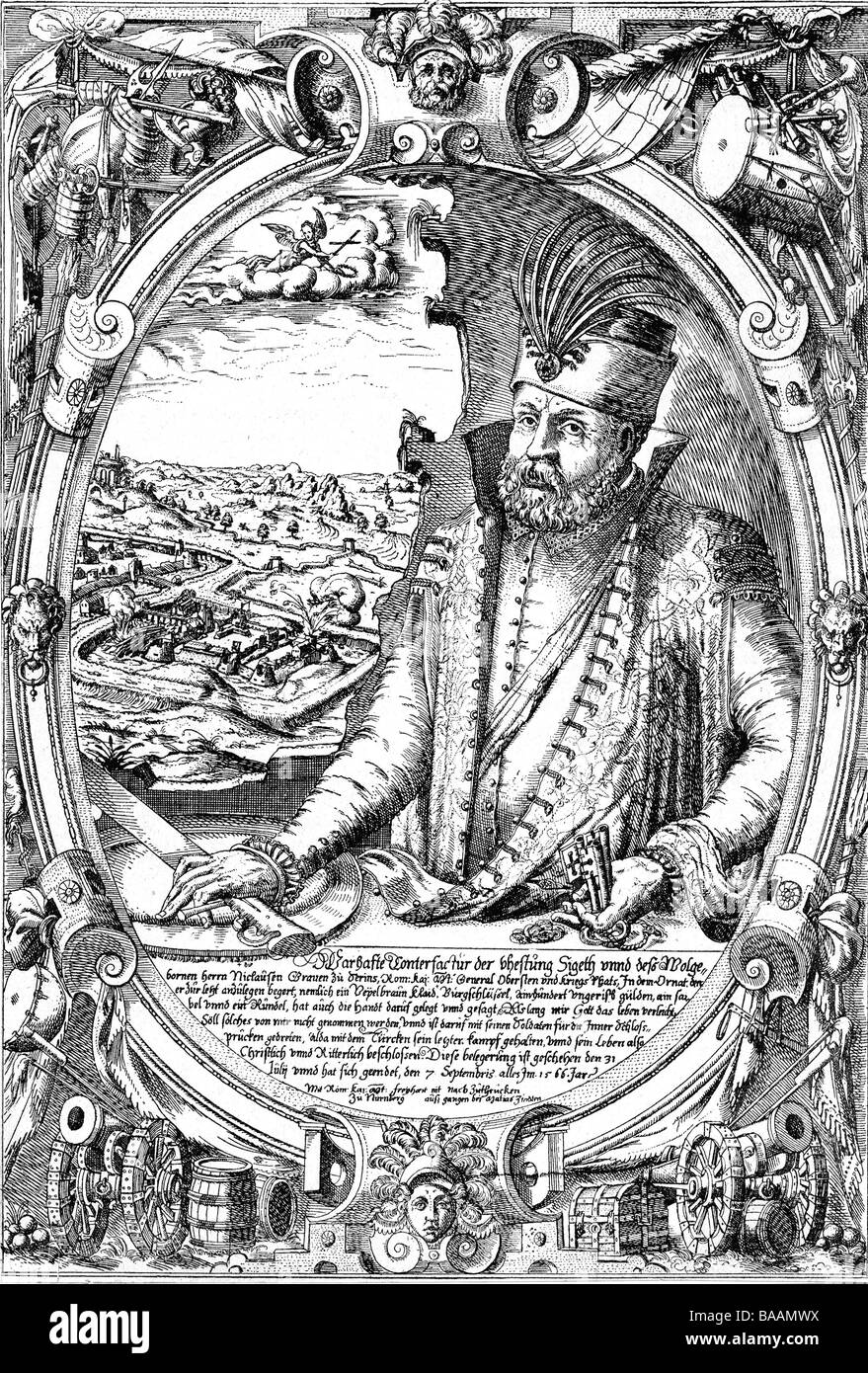 Zrinski, Nikola, 1508 - 8.9.1566, ungarischer General im Dienste der Habsburgermonarchie, Verbot von Kroatien 1542 - 1556, Radierung durch Matthias Zündt (1498 - 1586), Stockfoto