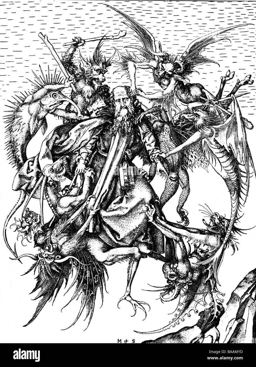 Antonius der Große, ca. 251 - ca. 356, ägyptische Saint, volle Länge, "Die Versuchung des Heiligen Antonius", nach Kupferstich von Martin Schongauer, Jahrhundert, Artist's Urheberrecht nicht gelöscht werden Stockfoto