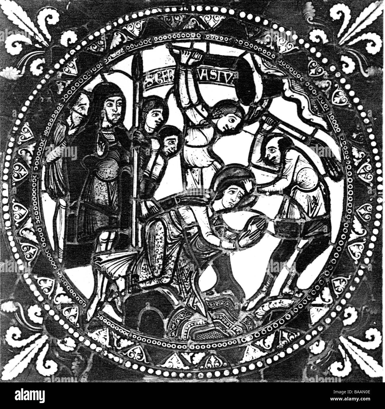 Gervasius, + ca. 300 n. Chr., Märtyrer, Heiliger, Szene aus seinem Leben, Glasfenster, 12. Jahrhundert, Kathedrale von St. Julien, Le Mans, Frankreich, Stockfoto