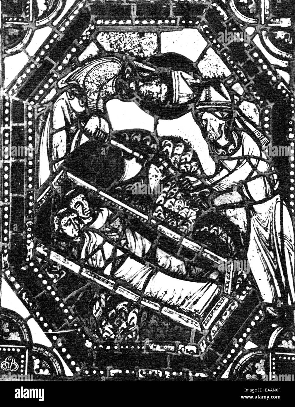 Gervasius, + ca. 300 n. Chr., Märtyrer, Heiliger, Tod, mit dem Heiligen Protasius, im Grab liegend, Glasfenster, 12. Jahrhundert, Kathedrale von St. Julien, Le Mans, Frankreich, Stockfoto