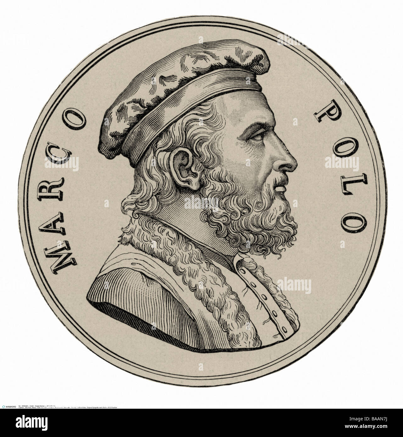 Polo, Marco, 1254 - 8.1.1324, venetianischer Händler und Reisender, Porträt, Profil in Oval, Holzgravur nach Gravur von M. G. Pauthier, Stockfoto