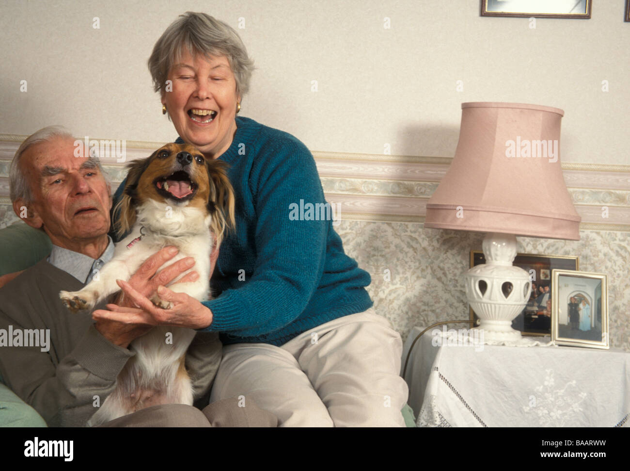 gerne älteres Ehepaar mit ihrem Mischling Hund Stockfoto