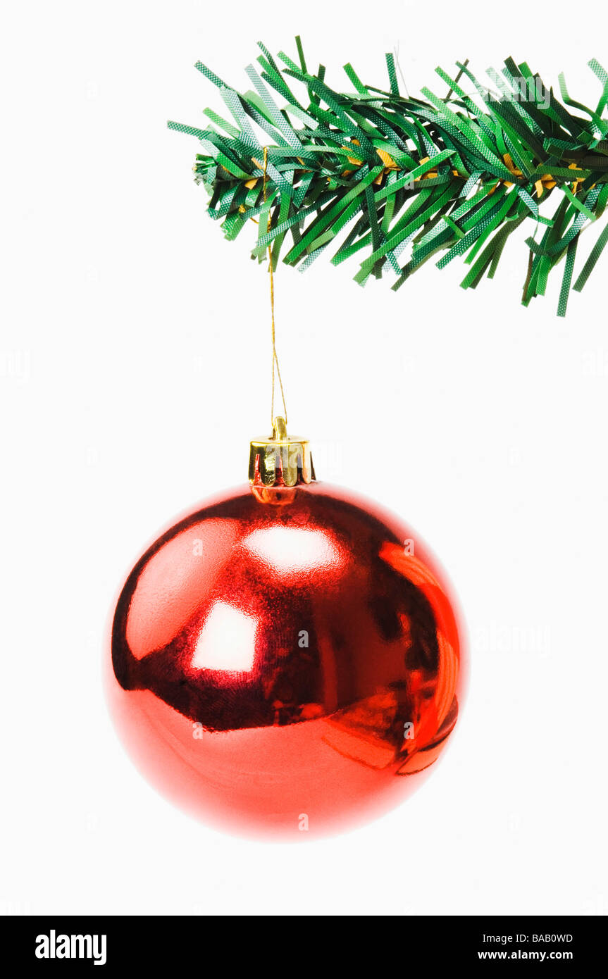 Rote Kugel hängt an einem Weihnachtsbaum Stockfoto