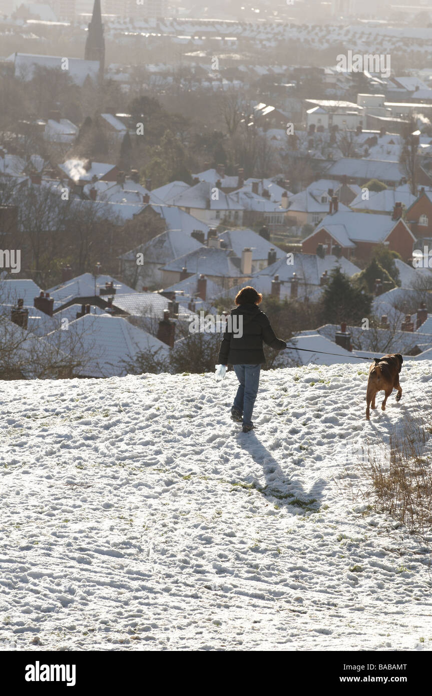 Frau zu Fuß Hund im Schnee bedeckt Gelände des Belfast Castle Stockfoto