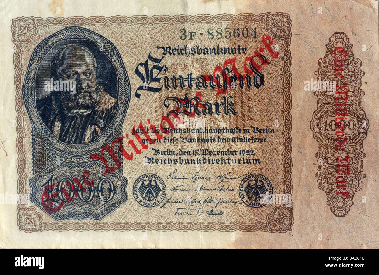 Deutsch 1000 mark Banknote aus der Zeit der Inflation von 1923 auf 1 Milliarde Mark overstamped ...