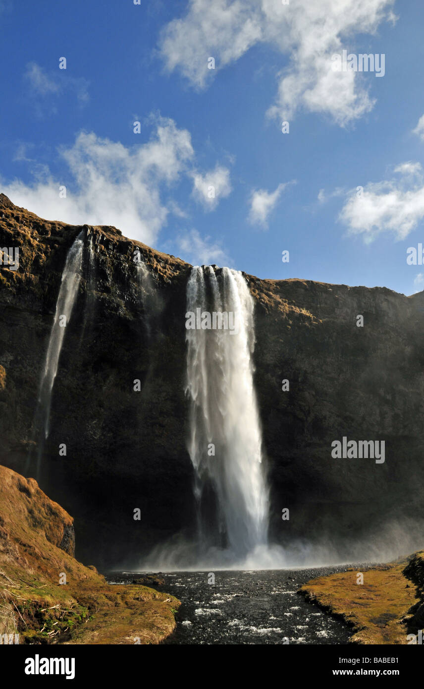 Die schmalen, 60m Wasserfall Seljalandsfoss, stürzt über die Klippen der ehemaligen Küstenlinie, an Eyjafjoll, Southern Island Stockfoto