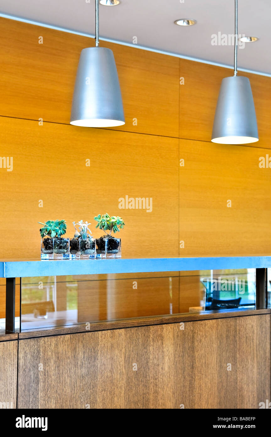 Moderne Einrichtung mit hellen Befestigungen und Holzplatten Stockfoto