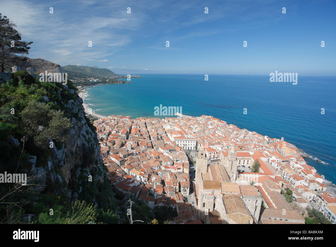 Blick von der Burg, Stadt Cefalu, Sizilien, Italien Stockfoto