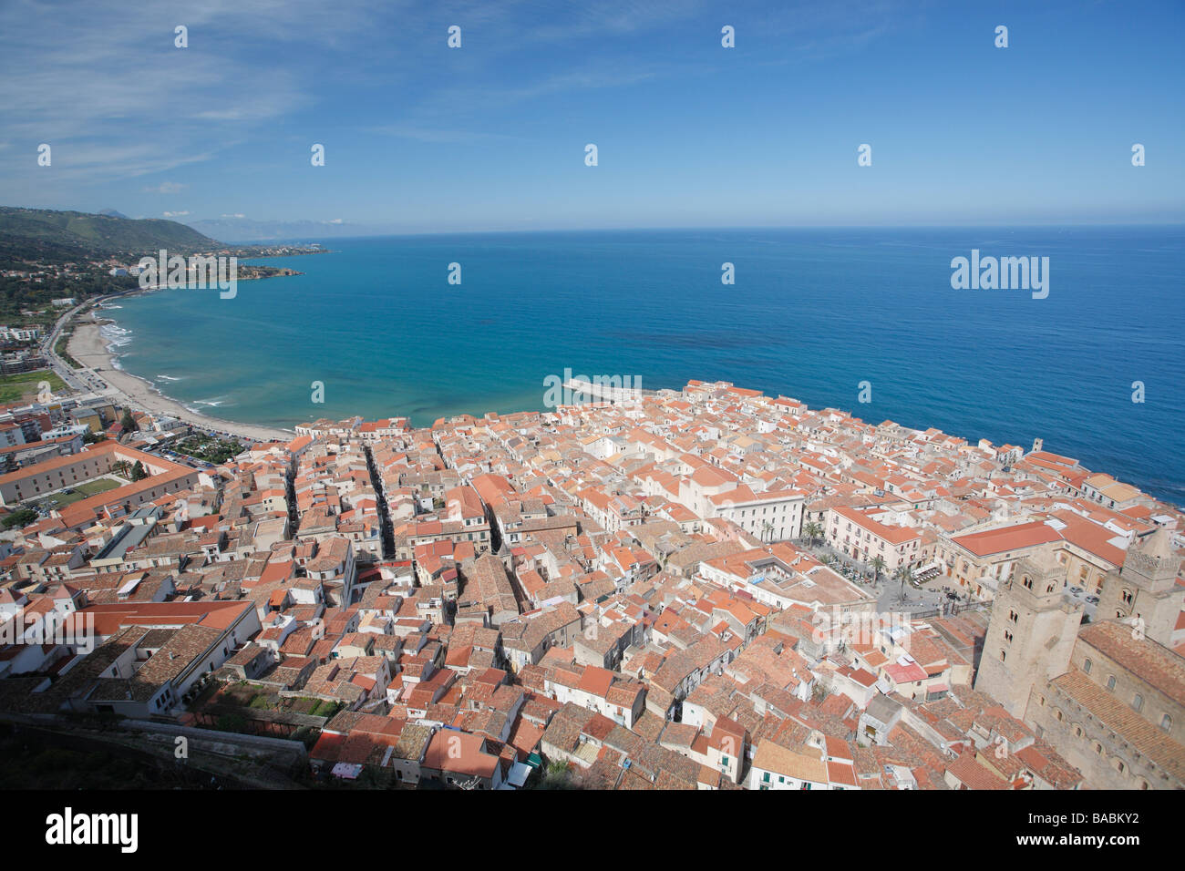 Blick von der Burg, Stadt Cefalu, Sizilien, Italien Stockfoto