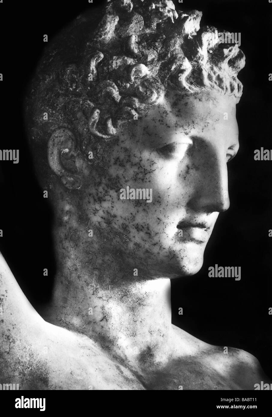 Hermes, (lat. Mercurius), griechische Gottheit, Bote, Statue von Praxtiles, Kopf, Porträt, Stockfoto