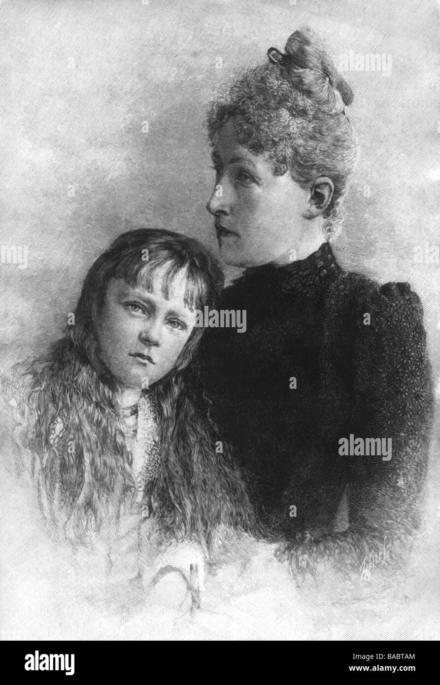 Stefanie, 21.5.1864 - 23.8.1945, Prinzessin der Krone Österreich-Ungarns 1.10.1881 - 30.1.1889, mit Tochter Elisabeth Marie, Holzgravur, Stockfoto