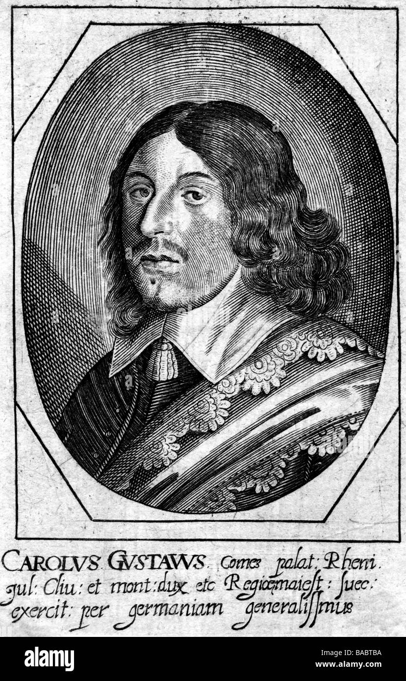 Karl X Gustav, 8.11.1622 - 23.2.1660, König von Schweden 1654 - 1660, Porträt, zeitgenössischer Kupferstich, Artist's Urheberrecht nicht gelöscht werden Stockfoto