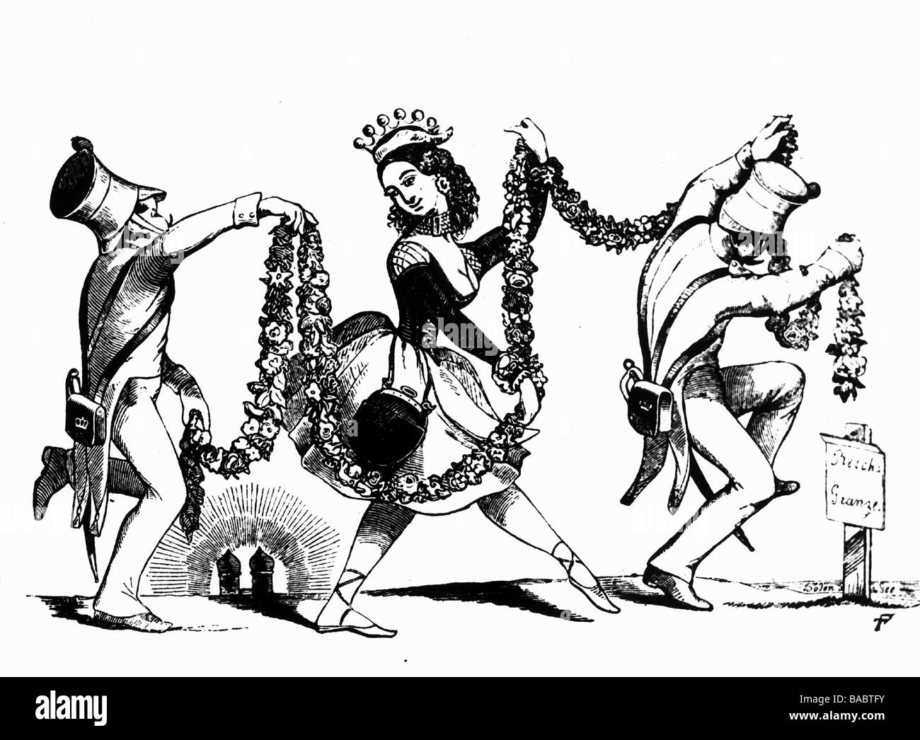 Montez, Lola, 17.2.181 - 17.1.1861, irischer Tänzer, voller Länge, Karikatur, ihre Erinnerungen "Lola Montez tanzt ihre Bavaroise", Zeichnung, von 1852, Stockfoto