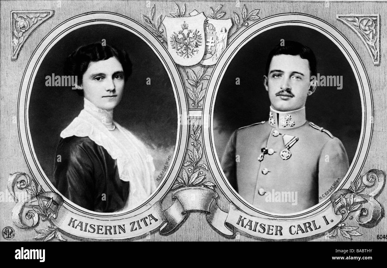 Karl I., 17.8.1887 - 1.4.1922, Kaiser von Österreich - 1918, Porträt, mit seiner Frau Zita von Bourbon-Parma, Postkarte, ca. 1917, nach Fotos von M. C. Kosel, Wien, Stockfoto