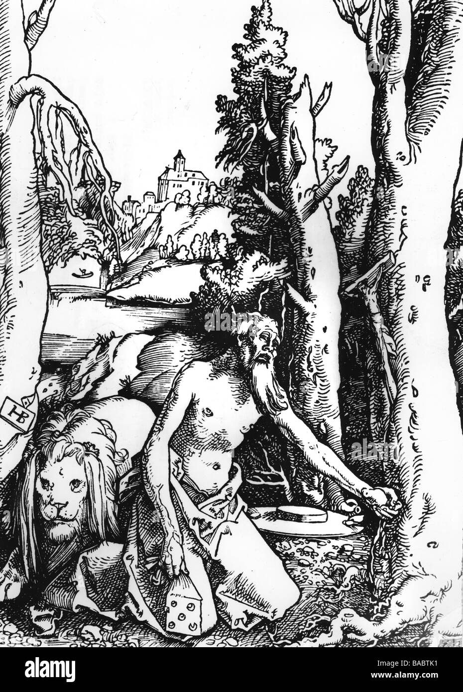 Hieronymus, 347 - 30.9.420, römischer Gelehrter und Theologican, Saint, sitzen unter Baum, mit Löwen, Holzschnitt von Hans Baldung Grien, Stockfoto