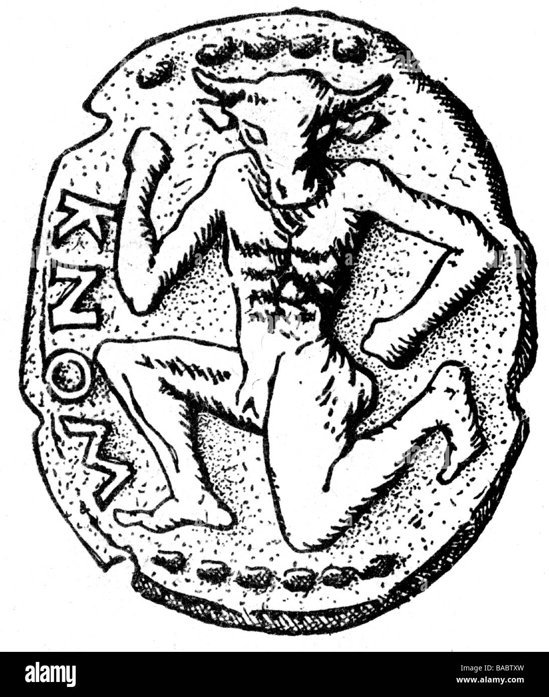 Minotaur, eine griechische, mythoologische Kreatur, ein Teil des Menschen und ein Teil des Stiers, eine Holzgravur nach der antiken Münze, 19. Jahrhundert, Stockfoto