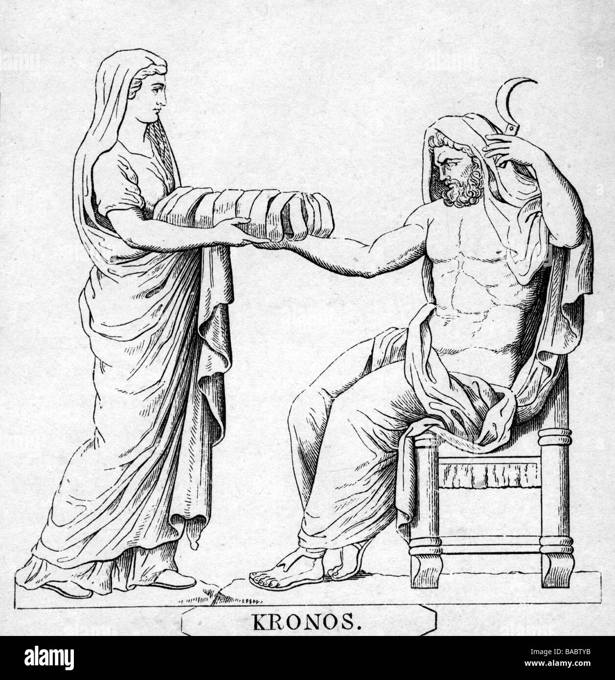 Cronus, der griechische gott, in voller Länge, seine Schwester und seine Frau Rhea überreichen ihm ein Kind (oder einen Stein statt Zeus), um nach altem Bild zu verehren, zu zeichnen, 19. Jahrhundert, Stockfoto
