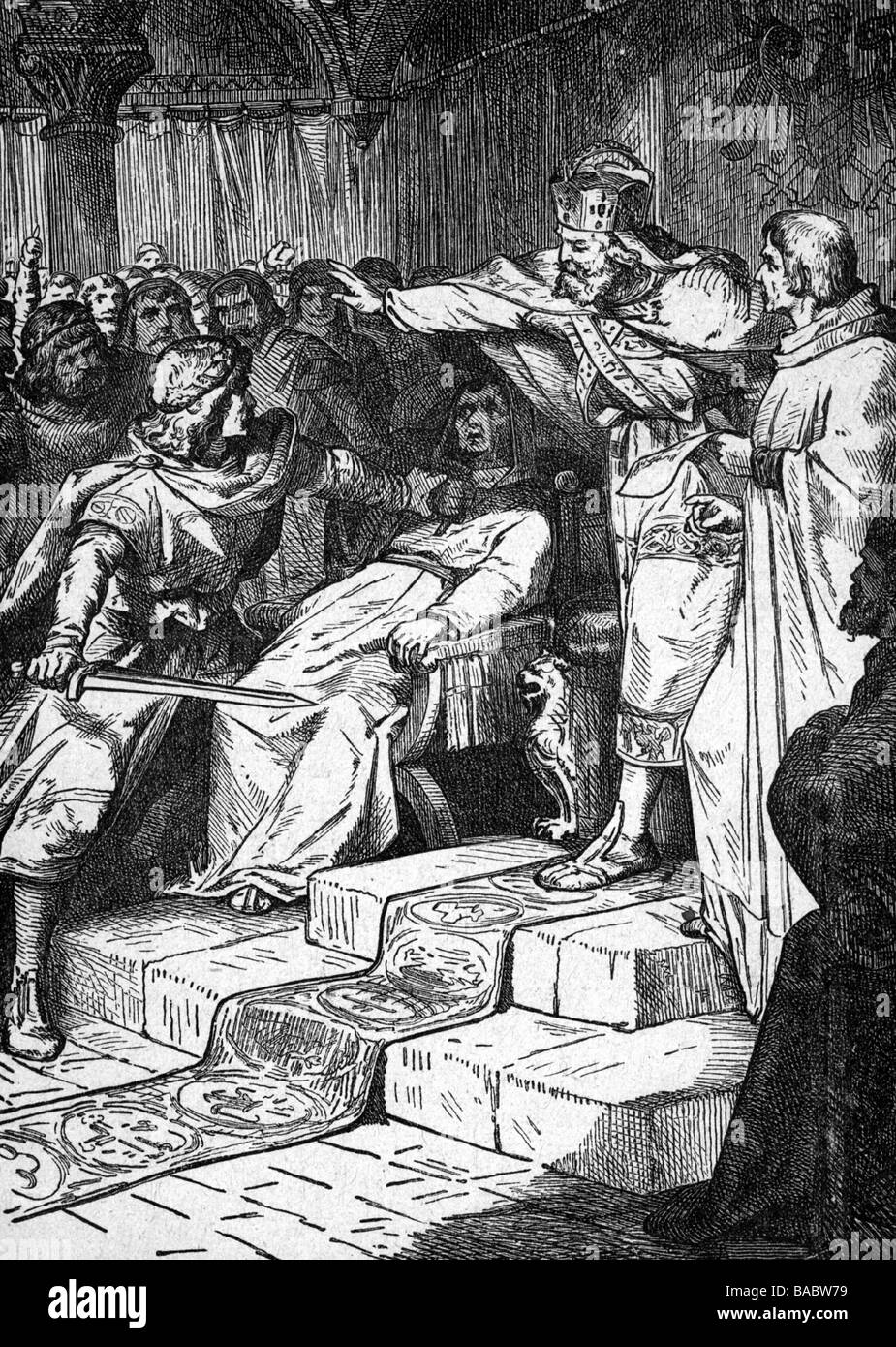 Otto I., 1117 - 11.7.1183, Herzog von Bayern 16.9.1180 - 11.7.1183, Angriff auf das päpstliche Legat auf den kaiserlichen Kost bei Besancon, 1157, Holzgravur, 19. Jahrhundert, Stockfoto