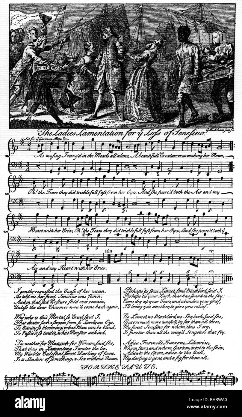 Senesino, ca. 1690 - 27.1.1759, italienischer Musiker (Sänger), "Anschuldigung der Bewunderer", Gravur von Bickham, Musiknoten und Text von Georg Friedrich Händel "Die Damen lamento wegen des Verlustes von Sessino", Stockfoto