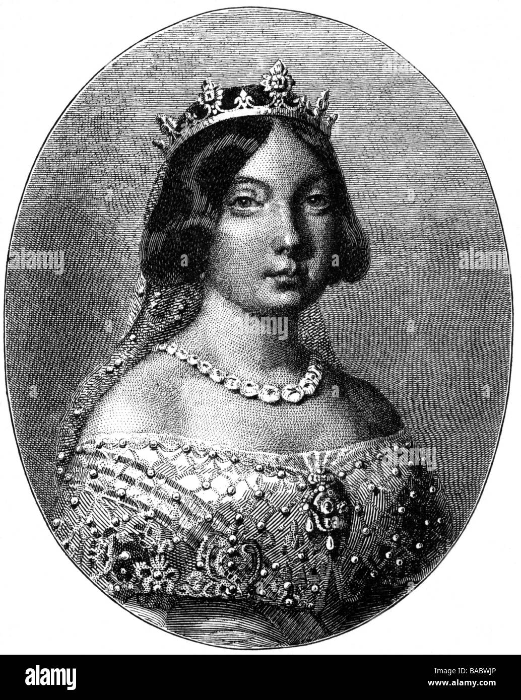 Isella II., 10.10.1830 - 9.4. 1904/05, Königin von Spanien 29.9.181 - 30.9.1868, Porträt, Oval, Holzgravur, 19. Jahrhundert, Stockfoto