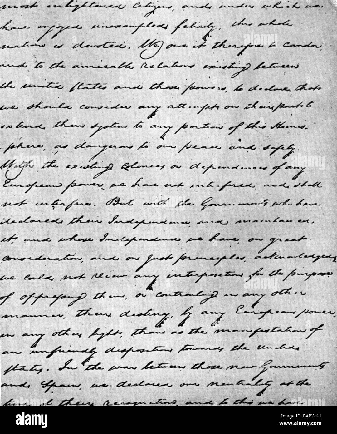 Monroe, James, 28.4.1758 - 4.7.1831, US-amerikanischer Politiker (Republikaner, Demokrat), 5. Präsident der Vereinigten Staaten von Amerika (18-1830-18325), Manuskript "Amerika für Amerikaner", 1823, Detail, Stockfoto