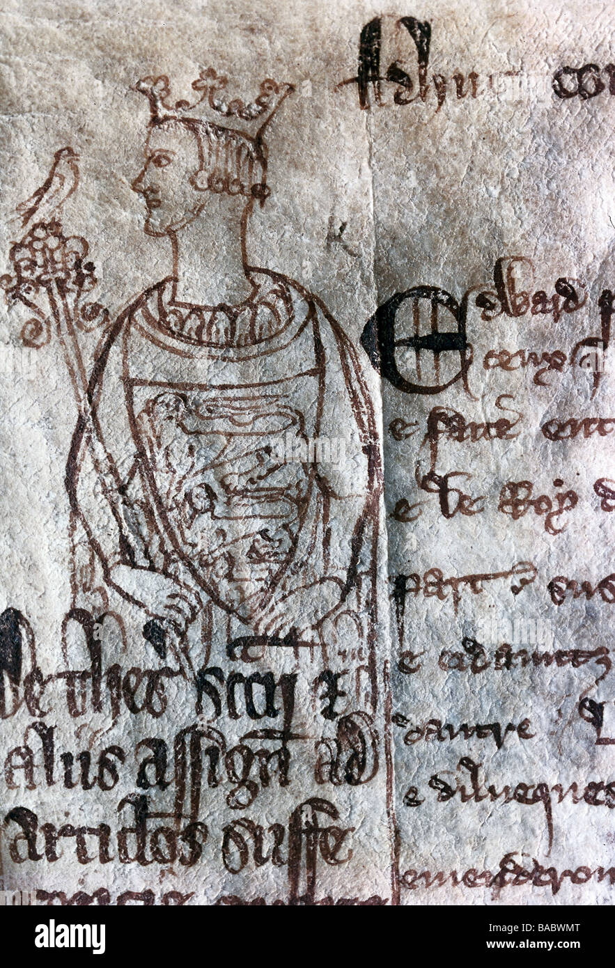 Edward I. ('Longshanks'), 17.6.1239 - 7.7.1307, König von England seit 20.11.1272, halbe Länge, Federzeichnung auf Pergament, 13. Jahrhundert, Stockfoto