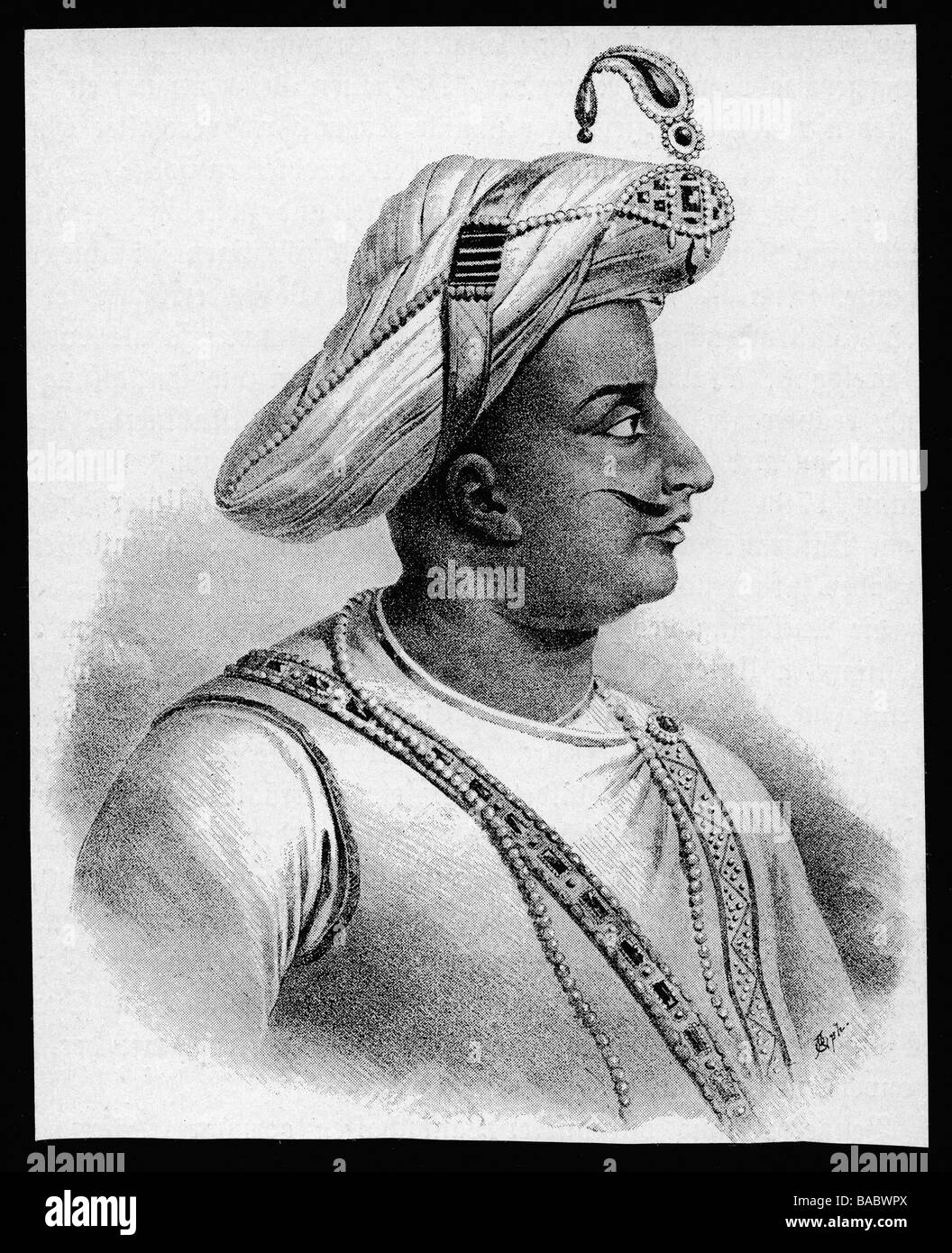 Tippu, 1751 - 4.5.1799, Sultan von Mysore 10.12.179 - 4.5.1799, Porträt, Zeichnung von Mauraisse, 19. Jahrhundert, Stockfoto