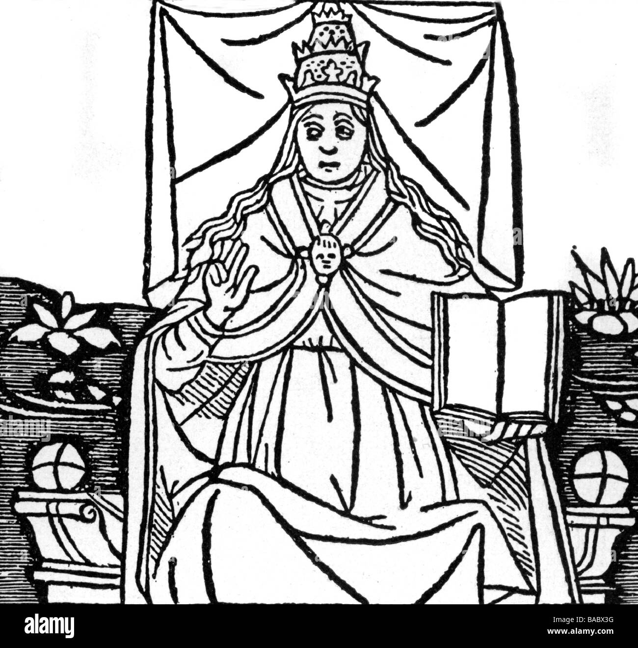 Joan, vermeintlicher papst 855 - 857 oder ca. 1100, halbe Länge, auf dem Thron sitzend, satirischer Holzschnitt, Italien, 15. Jahrhundert, Stockfoto