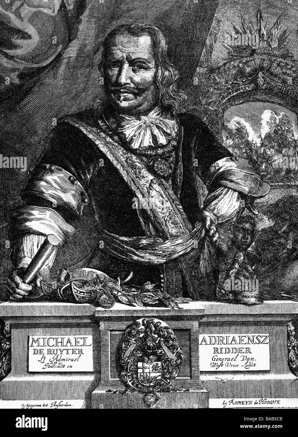 Michiel De Ruyter, 24.3.1607 - 29.4.1676, deutscher Admiral, halbe Länge, Kupferstich von Romeijin de Hooghe, 17. Jahrhundert, Artist's Urheberrecht nicht gelöscht werden Stockfoto