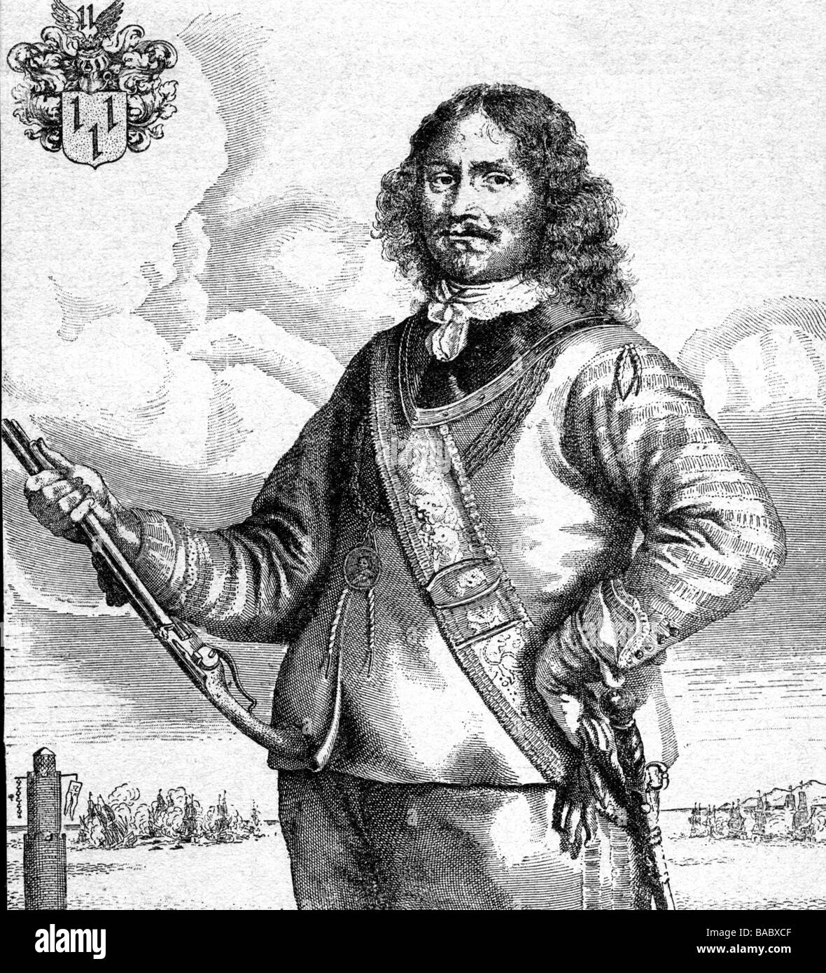 Michiel De Ruyter, 24.3.1607 - 29.4.1676, deutscher Admiral, halbe Länge, Kupferstich, 17. Jahrhundert, Artist's Urheberrecht nicht gelöscht werden Stockfoto