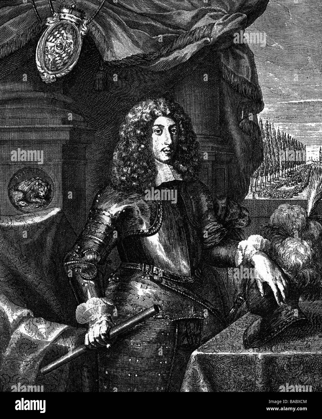 Ferdinand Maria, 31.10.1636 - 26.5.1679, Kurfürst von Bayern seit 27.9.1651, halbe Länge, in der Rüstung, nach zeitgenössischen Kupferstich, Artist's Urheberrecht nicht gelöscht werden Stockfoto