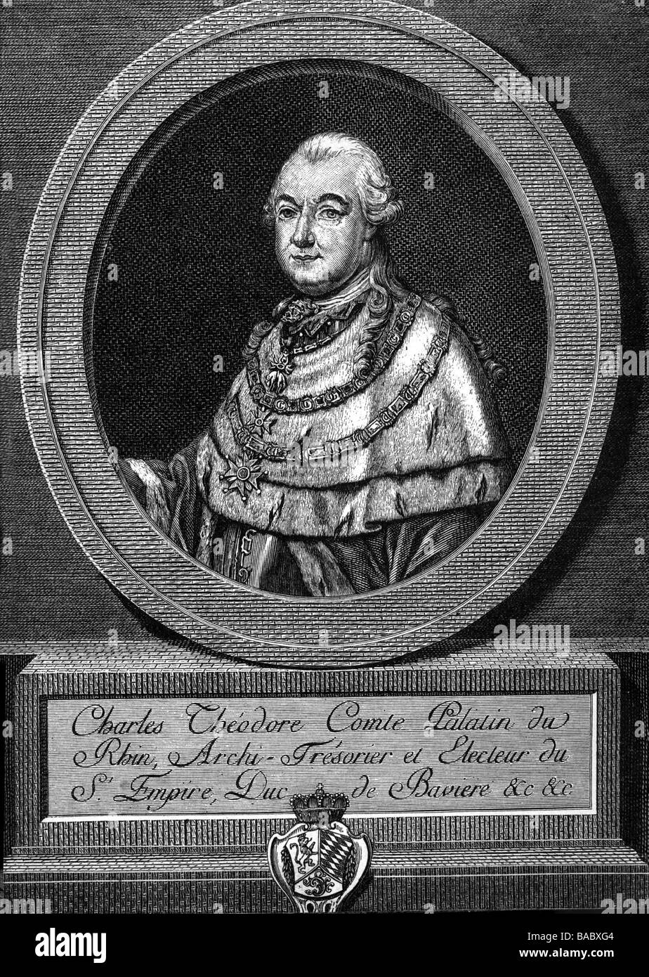 Charles Theodore, 11.12.1724 - 16.2.1799, Kurfürst von Bayern 1777-1799, Porträt, Kupferstich von Romanet, nach dem Lackieren von Pompeo Girolamo Battoni (1708-1787), Artist's Urheberrecht nicht gelöscht werden Stockfoto